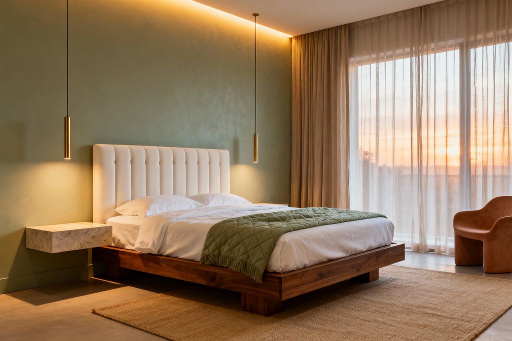 A contemporary bedroom features a low walnut platform bed with a tall ivory, vertically channeled headboard and white bedding topped by a quilted sage throw. Two slender brass pendants hang on either side above a floating marble nightstand. A sage plaster accent wall is washed by hidden ceiling cove lighting. Floor-to-ceiling windows dressed in beige sheer curtains admit sunset light, with a sculptural tan lounge chair and a large jute rug over polished concrete flooring.