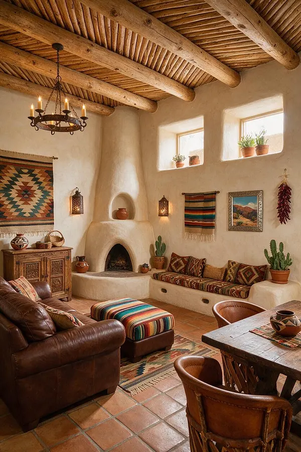 A cozy Southwestern-style basement living room with rounded adobe walls, a built-in kiva fireplace, exposed wood ceiling beams, terracotta tile floors, and a wrought-iron chandelier. The room includes leather seating, a striped woven ottoman, patterned textiles, pottery, and potted cacti near small windows with bright natural light.
