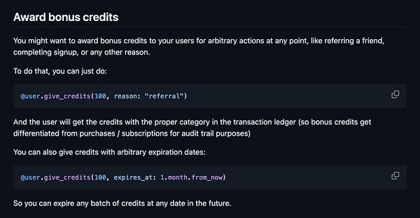The image displays a code snippet and instructions for awarding bonus credits to users with optional expiration dates.