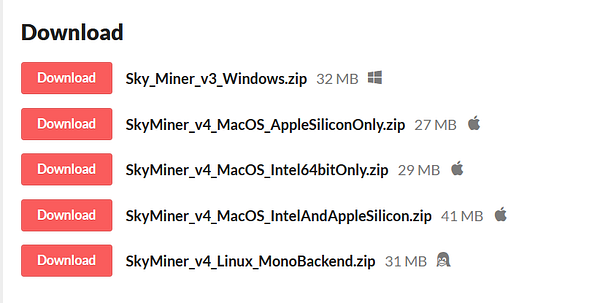 A download interface displaying various software versions for different operating systems.