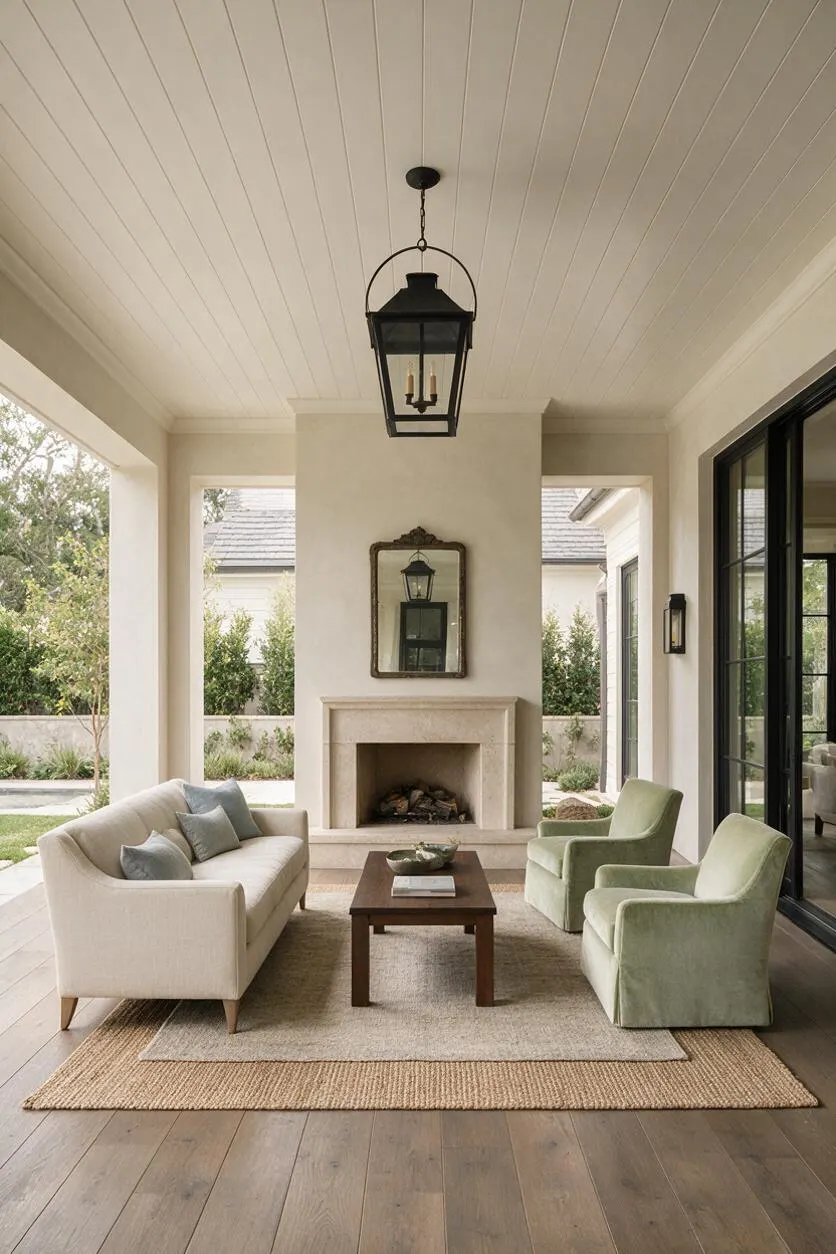 A covered backyard patio in a transitional style features a white beadboard ceiling, a black lantern pendant, and a centered stone fireplace with a mirror above it. A cream sofa, two pale green armchairs, a wood coffee table, and layered neutral rugs create a relaxed seating area with views of the landscaped yard through large open arches and glass doors.