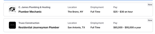 The image displays a list of new plumbing job postings with details about each position.