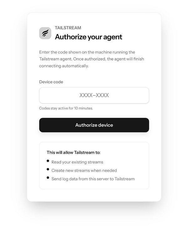 The image displays an authorization interface for the Tailstream agent setup.