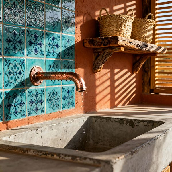 Close-up of a Southwestern-style laundry sink shows a thick concrete basin beneath a wall-mounted copper spout with water droplets. The backsplash is a grid of glossy turquoise ceramic tiles painted with indigo floral motifs. Surrounding walls are clay-toned terracotta plaster. To the right, a rustic reclaimed-wood shelf holds two woven baskets, while wooden slat blinds cast striped sun shadows across the wall and countertop.