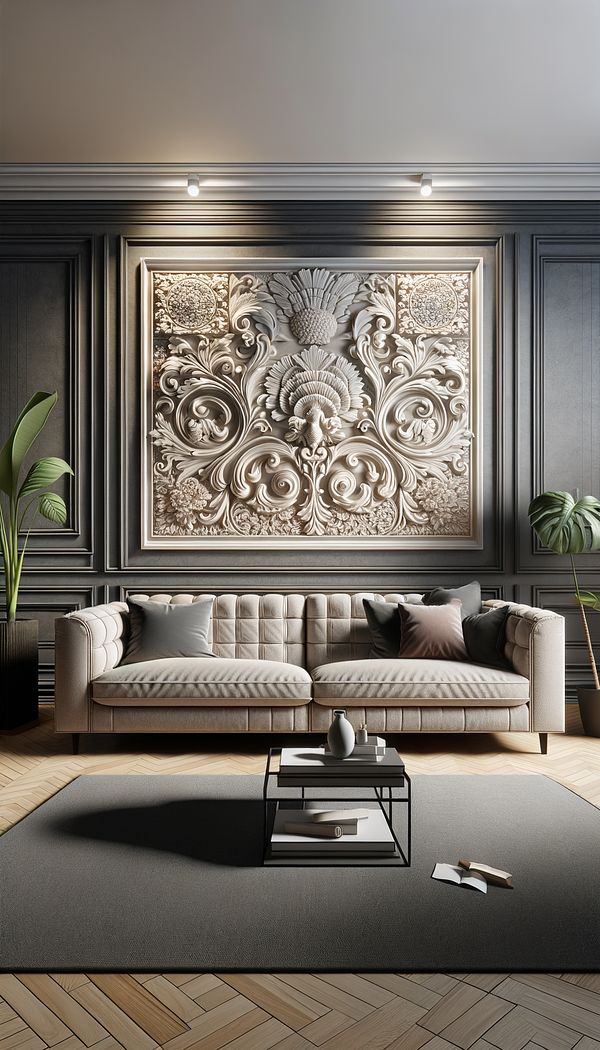 A living room wall featuring an intricate relief design that adds texture and depth, illuminated by strategic lighting to highlight its features.