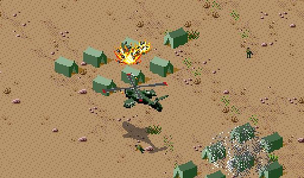 Screenshot of the Desert Strike: Return to the Gulf game title screen with menu options.