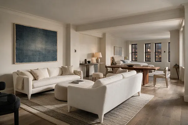 A spacious studio apartment with cream upholstered sofas, a round ottoman, and a wooden dining table arranged on a textured area rug. Soft neutral walls, a large blue abstract artwork, warm wood floors, and black-framed windows create a calm transitional interior.