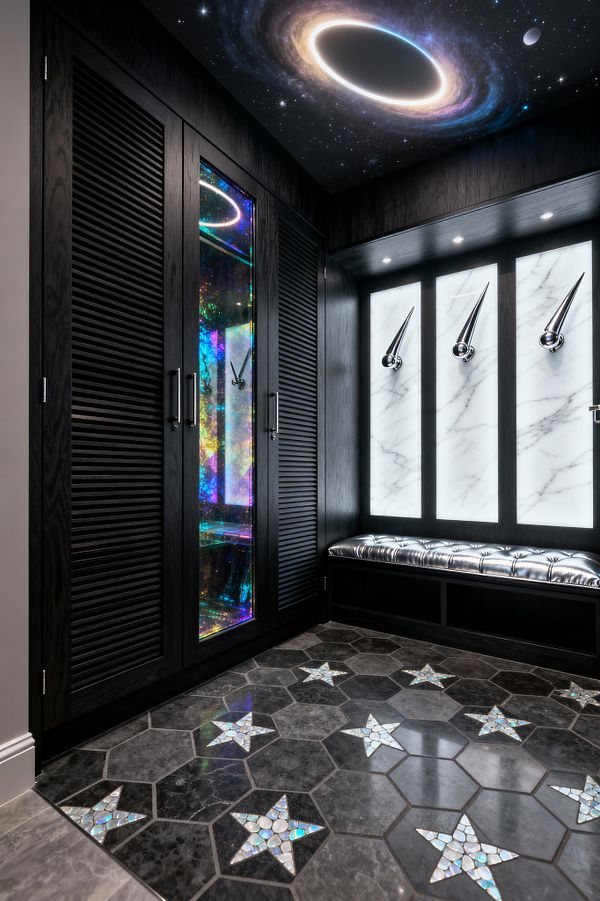 A dramatic mudroom pairs black-stained oak cabinetry with a glass-front locker that glows with iridescent color. A tufted silver bench sits beneath three backlit white marble panels fitted with polished chrome, comet-like hooks; above, a starry ceiling shows a luminous ringed nebula, while the dark hexagon stone floor is inlaid with mother-of-pearl stars and recessed lighting highlights sleek storage and hardware.