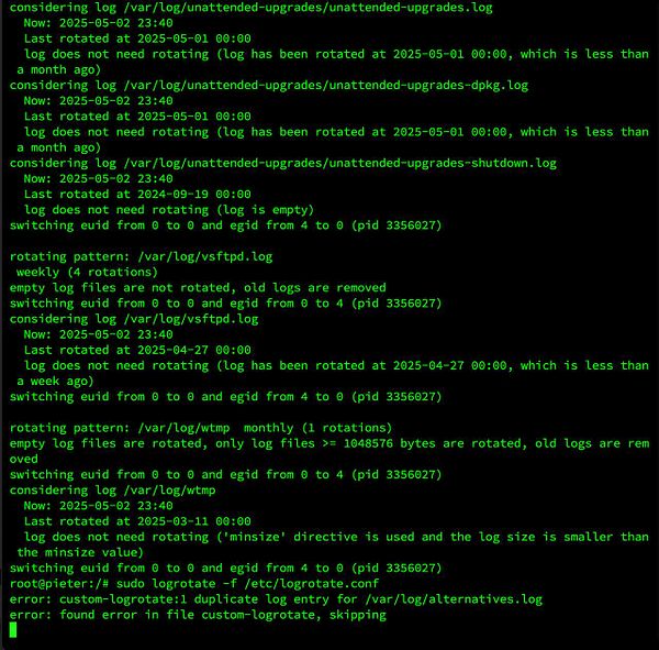 The image displays a terminal session showing log rotation activities and errors related to logrotate.