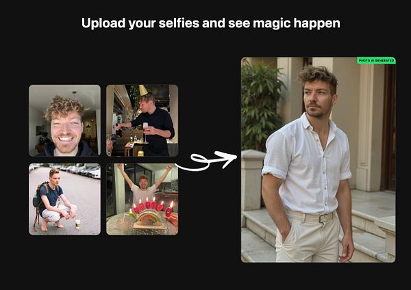 The image showcases a collage of selfies leading to a stylized output of a man in a white shirt.