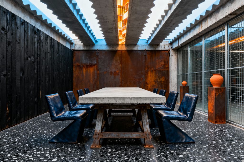 A long concrete dining table on rusted steel trestles stands on a black terrazzo floor, surrounded by eight deep-blue cantilever chairs. The room features a charred wood plank wall on one side, a backdrop of patinated steel panels, and floor-to-ceiling wire-mesh glazing; above, exposed sawtooth concrete beams and a central amber-lit skylight illuminate rusted pedestals topped with terracotta pots.