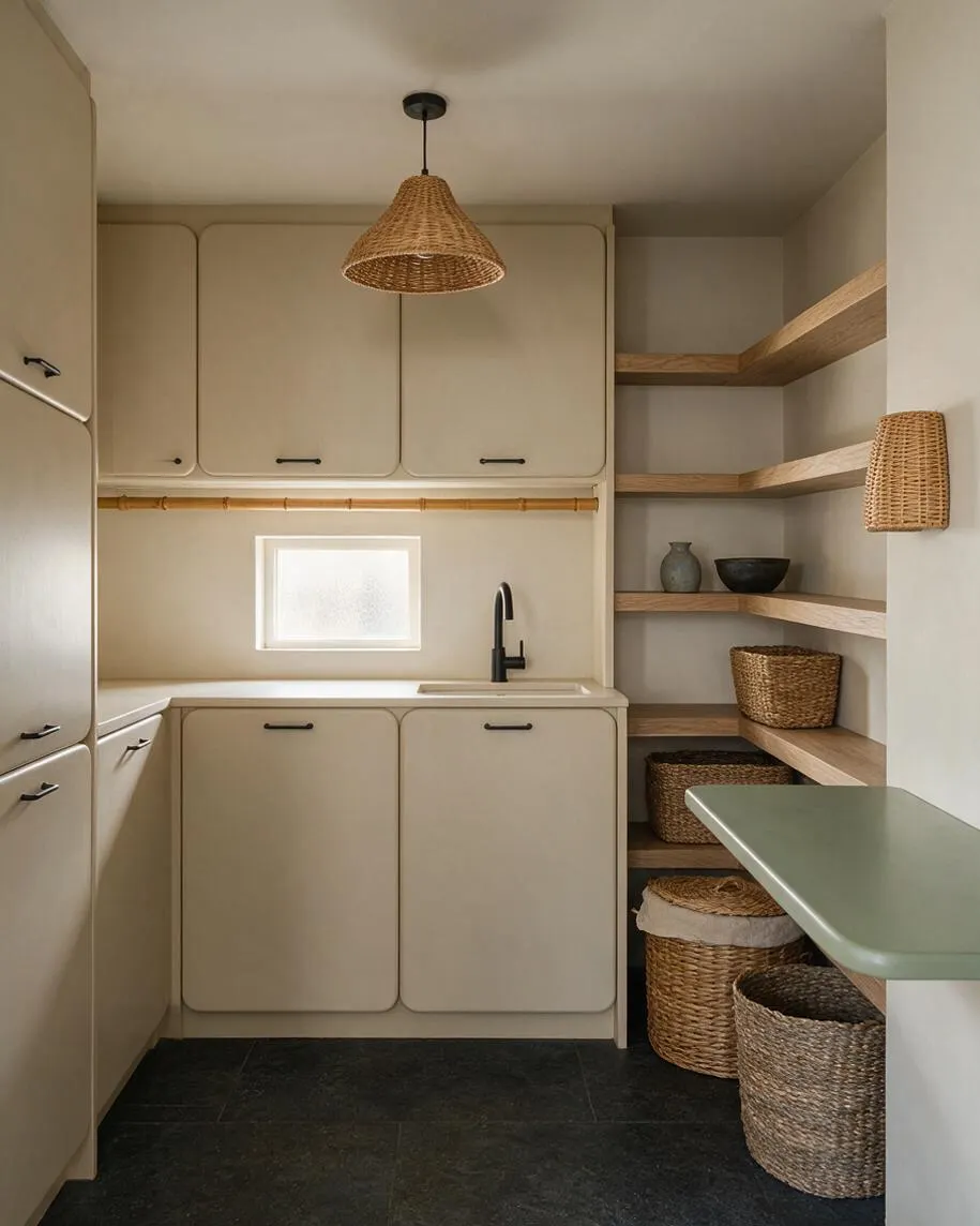 A compact basement laundry and utility space with rounded beige cabinetry, a small frosted window over a white countertop and black faucet, and open wood shelves on the right. Woven baskets, a rattan pendant light, and a muted sage folding surface add warm natural texture against dark slate flooring.