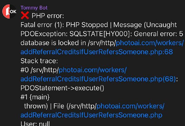 A PHP error message indicating a database lock issue during a referral credits operation.