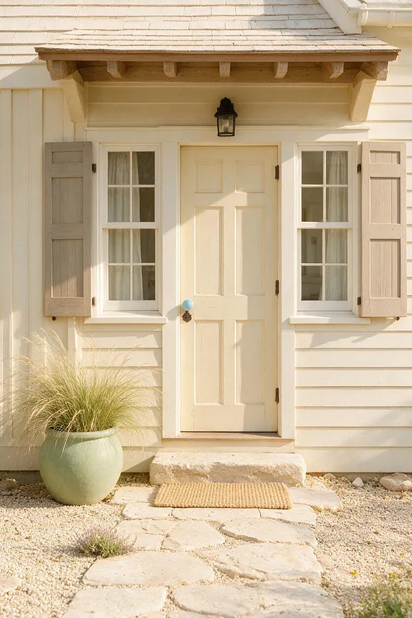 A charming coastal-style cottage exterior with cream clapboard siding, a centered paneled front door, and matching windows with light wood shutters. A black lantern light hangs above the entry, while a pale green planter with ornamental grass and a stone path with a woven doormat complete the relaxed seaside look.