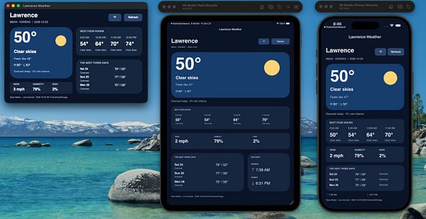 Weather forecast app interfaces shown on Mac, iPad, and iPhone screens for Lawrence, Kansas, displaying temperature, weather conditions, and forecasts.