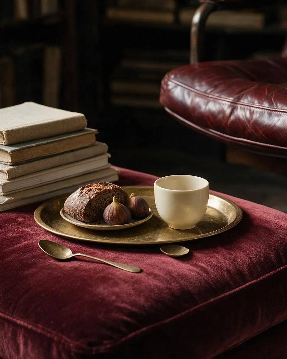 A moody Dark Academia vignette shows a burgundy velvet chair or ottoman styled with a brass tray holding a cream cup, figs, and rustic bread. A stack of linen-covered books sits to the left, while a matching burgundy leather chair and dark, shadowy background create a warm, scholarly atmosphere.