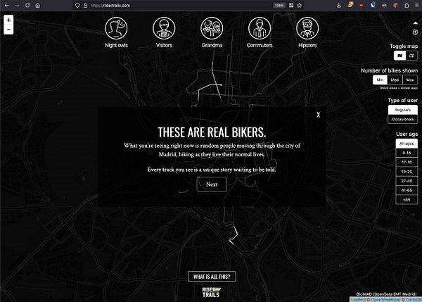 The image displays a dark-themed interactive map interface for a biking application focused on Madrid.