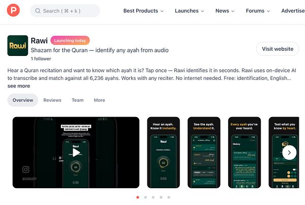Screenshot of the Rawi Quran Companion product page on Product Hunt.