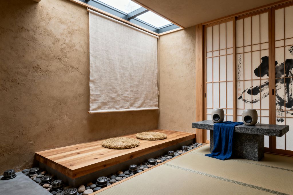 A minimalist Japanese-style media room with tatami mats and warm plaster walls. A skylight with a linen roller shade casts soft daylight over a low solid-wood bench with two woven straw cushions, a river-pebble border with small black ceramic accents, and shoji screens featuring bold ink brush art. A dark stone slab table supports two small stone-textured speakers draped with an indigo cloth.