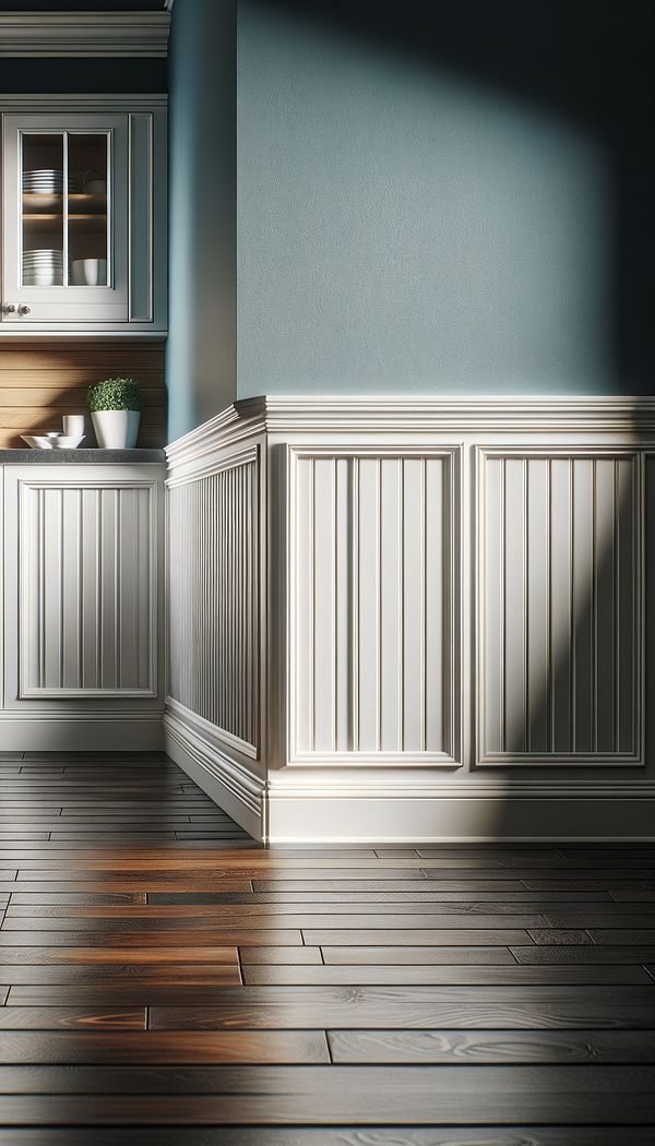 A cozy kitchen corner featuring white beadboard wainscoting beneath pale blue walls, with a contrasting dark wood flooring.