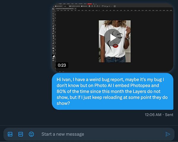 A screenshot of a messaging interface discussing a bug report related to Photopea.