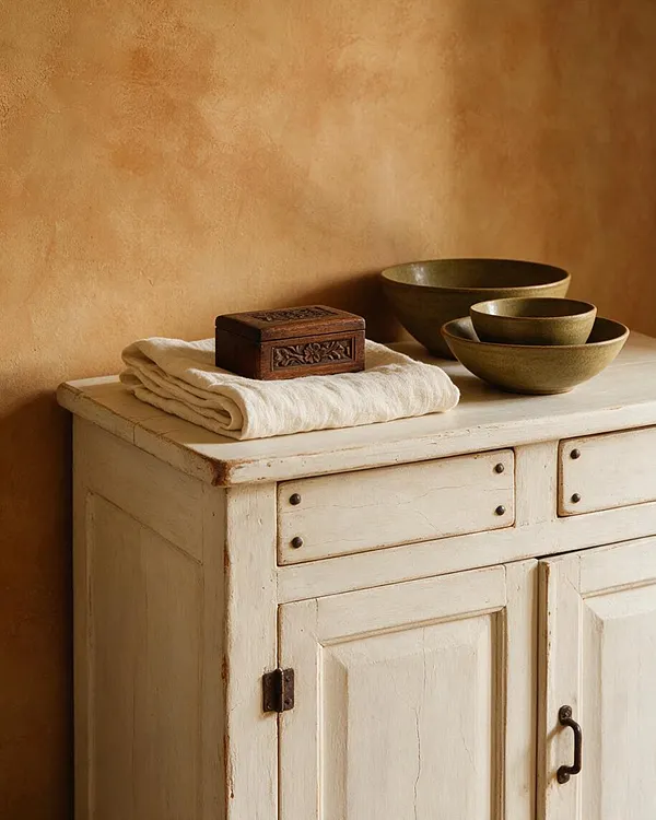 A rustic cream-painted wooden cabinet stands against a warm terracotta wall, topped with folded natural linen, a small carved wooden box, and stacked olive-toned bowls. The distressed finish and simple iron hardware create a calm Mediterranean look.