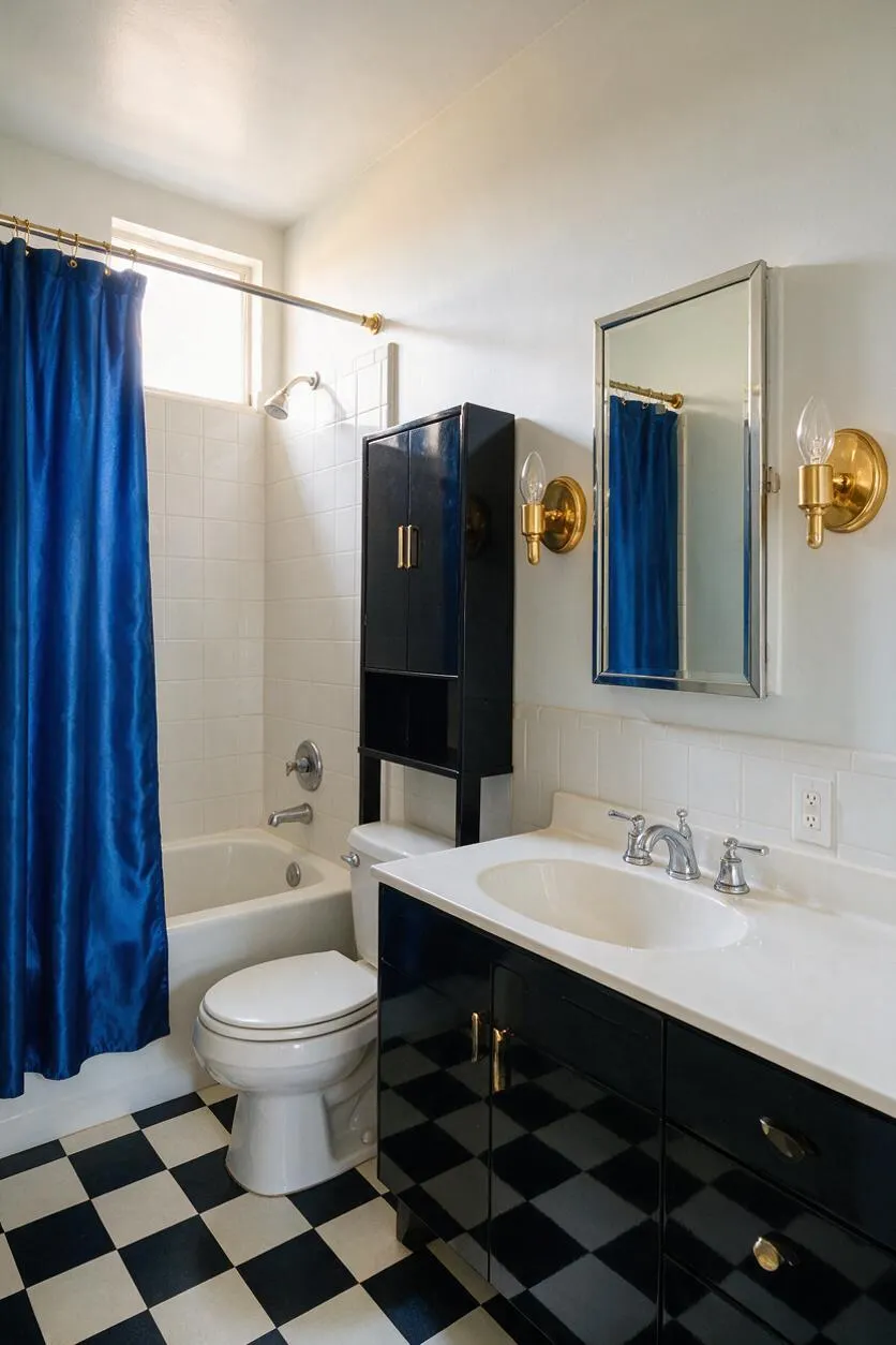 A master bathroom with a glossy black vanity, white countertop, and chrome sink fixtures sits beside a bathtub enclosed by a vivid royal blue shower curtain. The room features black-and-white checkered tile flooring, white tiled tub walls, a mirrored medicine cabinet, and brass wall sconces that add a Hollywood Regency touch.