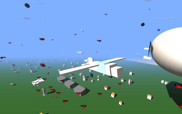 A 3D-rendered scene featuring a simplistic aircraft and various geometric shapes in a colorful environment.