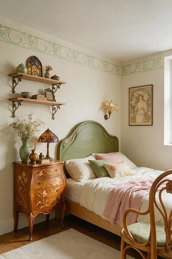 A cozy Art Nouveau bedroom with a curved green headboard, carved wooden nightstand with floral inlay, and a bentwood chair with a pale green cushion. Cream walls feature a delicate pale green border, with floating shelves, stained-glass accents, and warm natural light from a window.