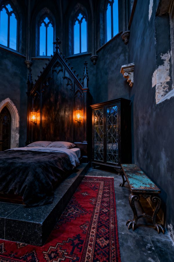 A dramatic Gothic bedroom with towering lancet windows and charcoal plaster walls centers on a grand ebonized wood headboard detailed with tracery and spires, flanked by glowing amber lantern sconces. The bed sits on a black stone platform with gray linens and a black velvet cover, beside a dark cabinet with leaded-glass doors, a distressed turquoise-patinated bench with clawed wrought-iron legs, and a red patterned runner warming the stone floor under twilight blue light.