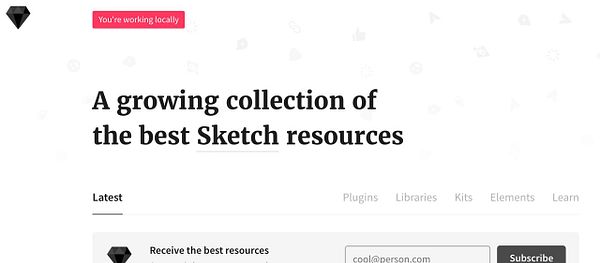 The image shows a webpage indicating it is being viewed locally with a header showcasing Sketch resources.
