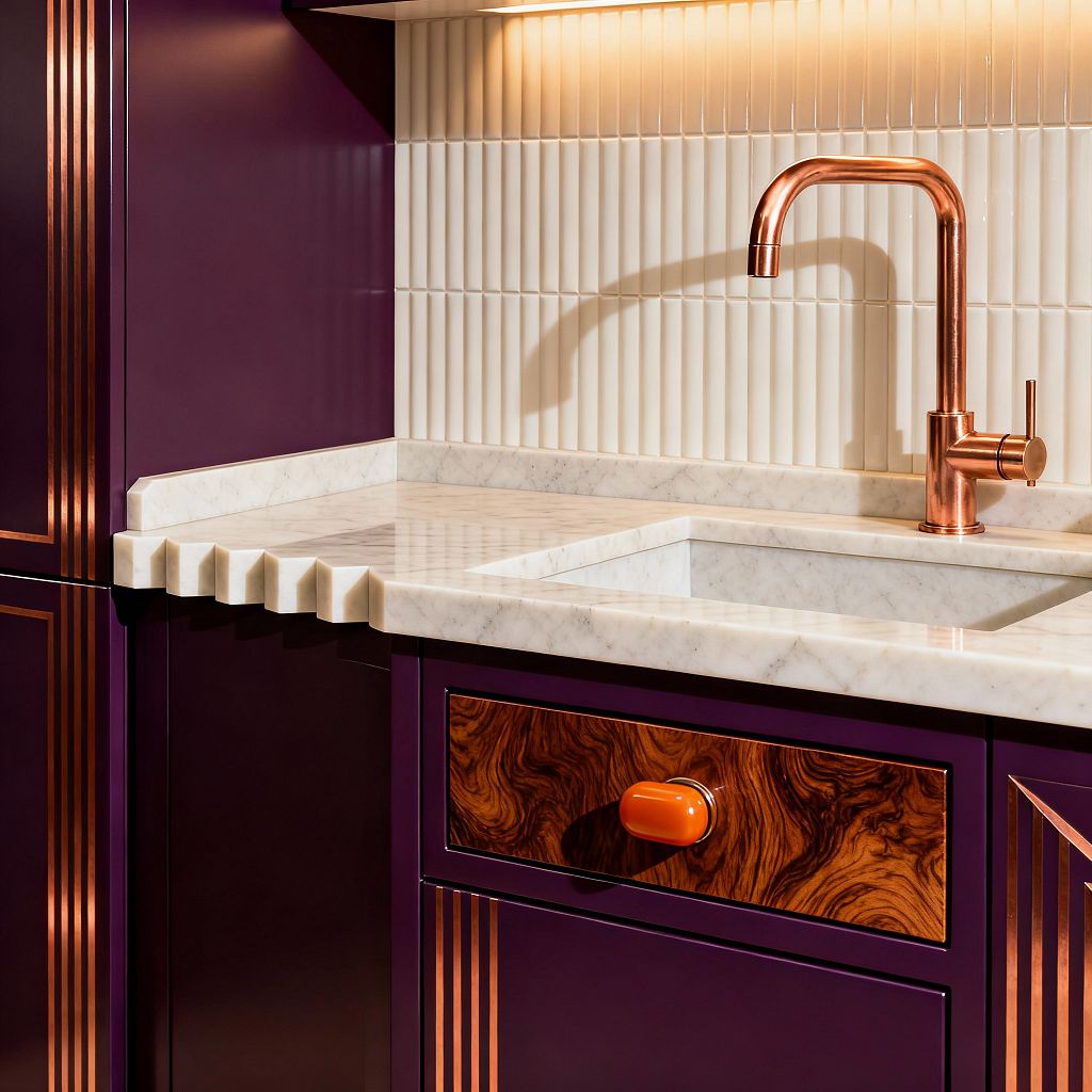 Close-up of an Art Deco kitchen corner with deep aubergine cabinetry detailed by slim copper inlay strips. A white marble countertop and integrated sink feature a stepped, zigzag edge. The backsplash is lined with vertical cream reeded tiles under warm under-cabinet lighting. A curved copper faucet stands above the sink, and a drawer shows glossy burl wood veneer finished with a rounded orange knob. The palette mixes purple, copper, cream, and marble textures for a glamorous, geometric look.