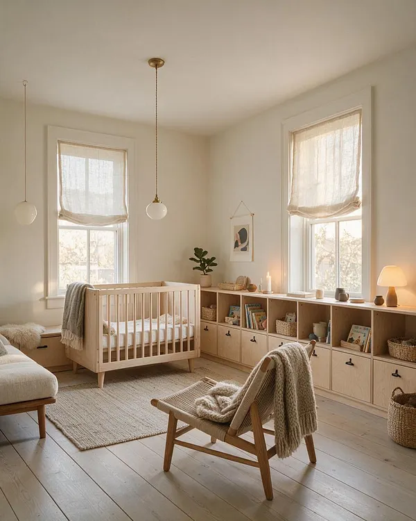 A calm Scandinavian-style nursery with a light wood crib, open cubby storage along the wall, and a cozy lounge chair in the foreground. Cream walls, pale wood floors, sheer Roman shades, and warm pendant lights create a soft, natural atmosphere.