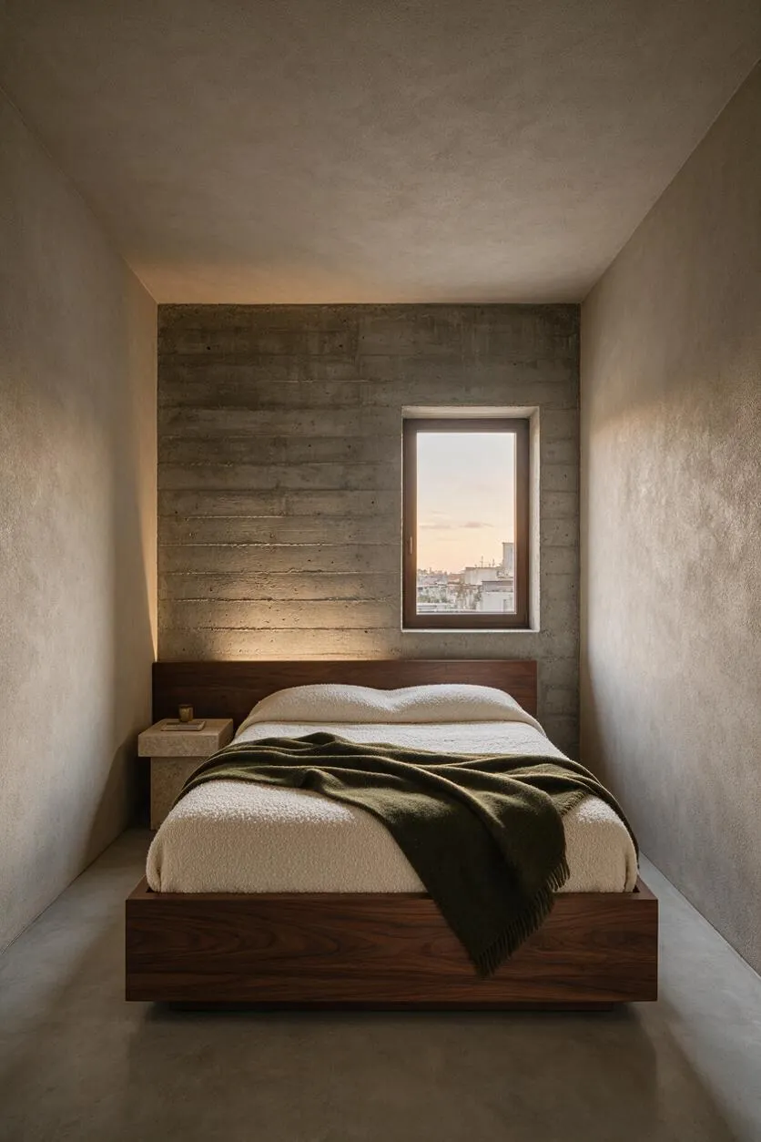 A narrow minimalist bedroom with smooth concrete walls and a textured concrete accent wall behind a low walnut platform bed. The bed is dressed in cream bedding with a dark olive throw, and a small stone bedside table sits beside a single window that brings in soft sunset light.