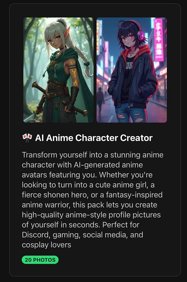 The image features two distinct anime-style characters side by side, promoting an AI Anime Character Creator.