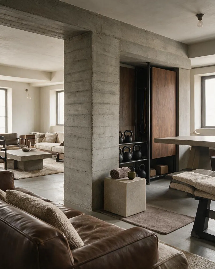 A spacious home gym with exposed concrete beams and columns, built-in wood-front storage for kettlebells and gear, and minimalist workout furniture. Soft neutral seating, rugs, and warm wood details soften the brutalist architecture, while daylight from large windows brightens the muted gray and beige interior.