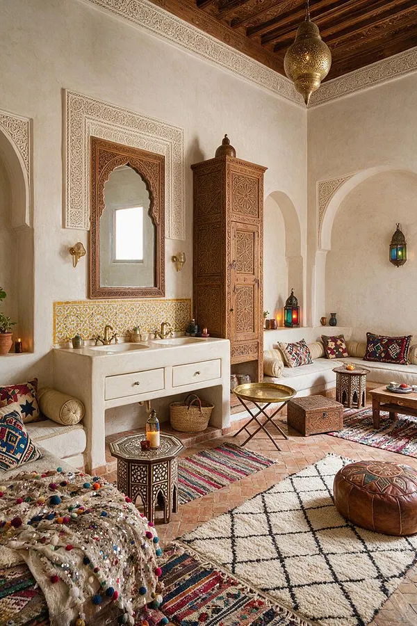A Moroccan-style master bathroom with carved wooden details, a decorative arched mirror, a carved tall cabinet, and a cream stone double vanity against patterned tile. The room includes built-in seating with colorful cushions, layered rugs, lantern-style lighting, and a wood-paneled ceiling, creating a warm, richly textured atmosphere.