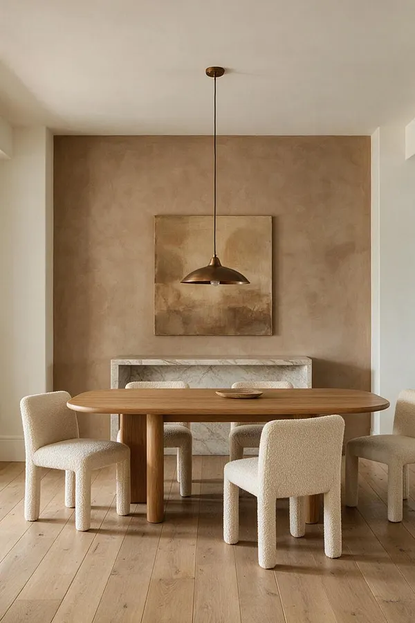 A serene dining room with an oval wooden table surrounded by plush cream textured chairs, set on light wood floors. A bronze pendant light hangs above, centered in front of a tan plaster wall with an abstract painting and a pale stone mantel.