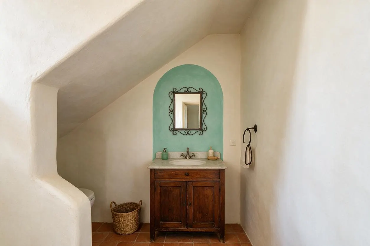 A small Mediterranean-style powder room with a sloped white plaster ceiling, terracotta tile floor, and a dark wood vanity topped with a light stone sink. An aqua arched wall niche frames a decorative mirror above the basin, while a woven basket and simple towel ring add rustic texture.