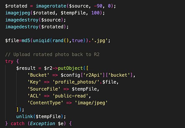 The image displays a code snippet for uploading a rotated profile photo to R2 storage.
