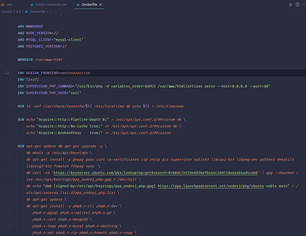 The image displays a code snippet from a Dockerfile used in a Laravel Sail setup.