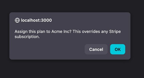 Screenshot of a web form titled 'Override plan' with options to manually select a user's subscription plan and payment status.