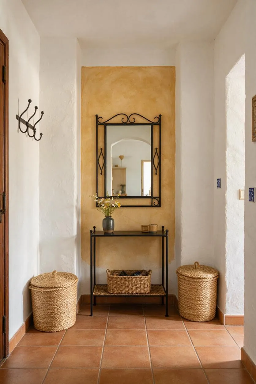 A narrow Mediterranean-style entryway with white plaster walls, terracotta floor tiles, and a central ochre accent niche. A wrought iron-framed mirror hangs above a slim black console table holding a vase of flowers and small decor, while woven basket stools sit on both sides of the console.
