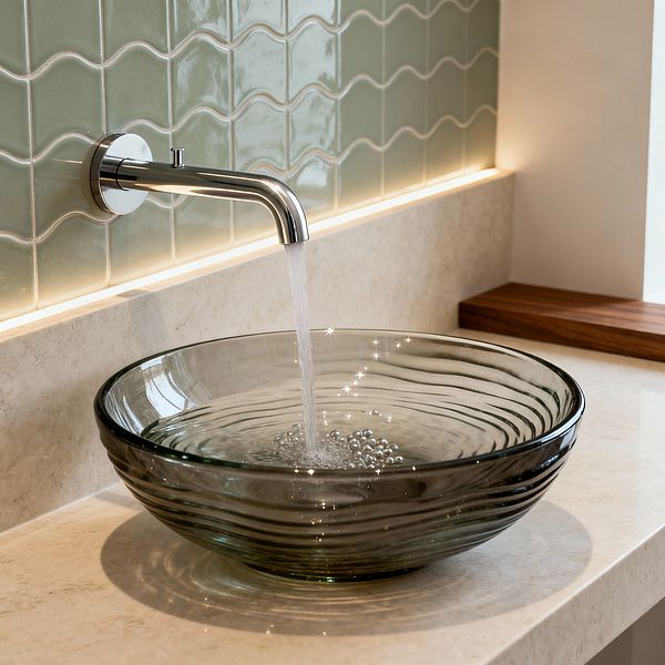 A close-up of a contemporary bathroom vanity shows a rippled, smoked glass vessel sink on a light beige stone countertop. Water flows from a wall-mounted polished chrome spout, while glossy sage green ceramic tiles with wavy relief are highlighted by a warm LED strip; a small walnut shelf at the corner adds a natural accent.
