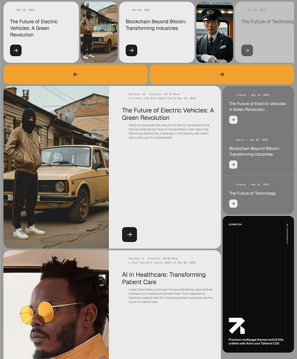The image displays a modern blog and podcast template featuring various articles and episodes with a clean, organized layout.