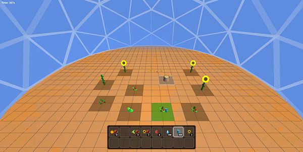 A colorful, grid-based farming game interface set inside a dome structure.