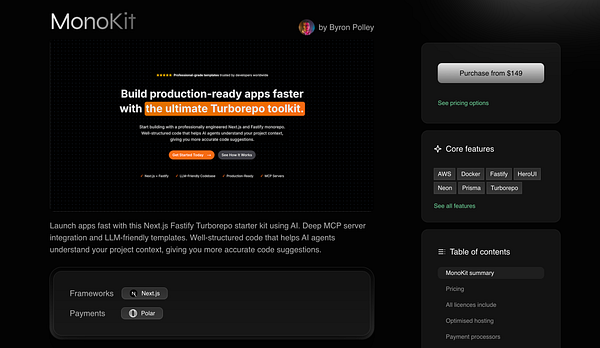 The image presents a promotional interface for MonoKit, a Next.js Turborepo boilerplate.