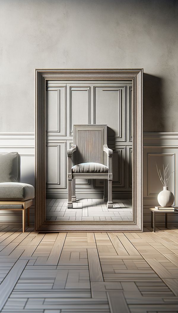 A wainscot chair placed in a contemporary living room setting, showcasing its detailed paneled back and solid, square-shaped seat.