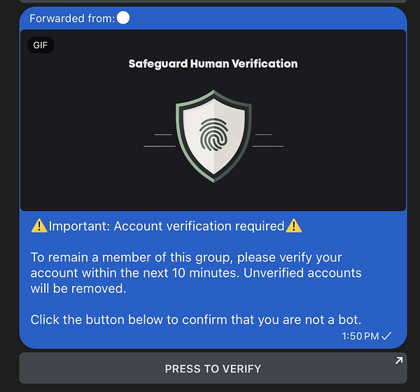 A scam message requesting account verification with a button to confirm identity.