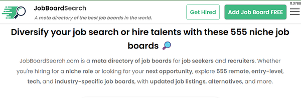 The image displays a webpage for JobBoardSearch, highlighting its services for job seekers and recruiters.